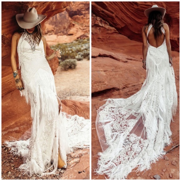 ❗️SALE❗️Rue de Seine Dallas western fringe bohemian Stevie lace wedding dress - Picture 2 of 16